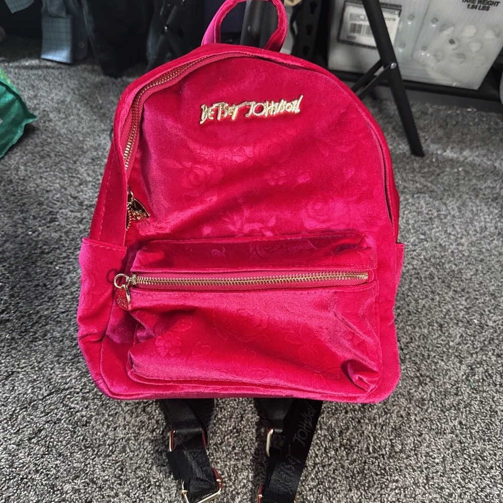 Betsey Johnson Hot Pink "Head of the Class" Rose Pattern Velour Backpack ~New